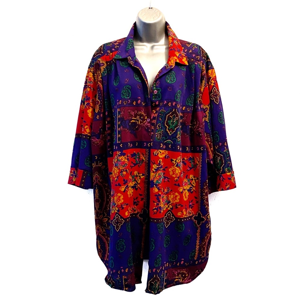 Vintage Colorblock Mixed Print Oversized Shirt Size 2XL